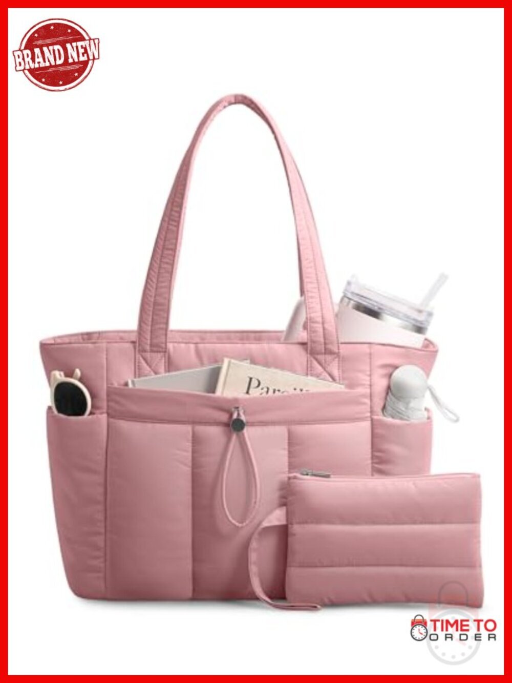 Puffy Tote Bag with Cup Holder & Laptop Compartment - Travel Work Bag